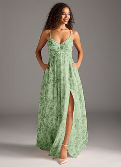Azazie Alia Bridesmaid Dresses Green Fern Floral A-Line Pleated Chiffon Dress image5