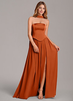 Azazie Cadence Vestidos de damas de honor Vestido de Naranja Quemada de Satén Elástico de Corte en A Convertible con Corsé image3