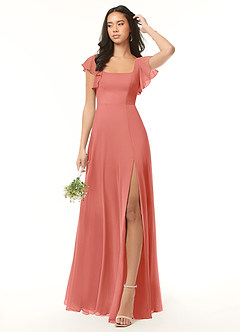 Azazie Bondi Brautjungfernkleider A-Linie Gekräuselt Chiffon Kleid Lachsrosa image2