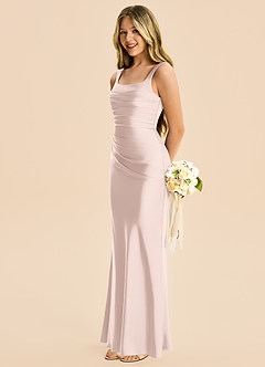 Azazie Lula Junior Blushing Pink Sheath Pleated Stretch Satin Dress image5