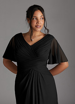 Azazie Emmeline Mother of the Bride Dresses Black A-Line V-Neck Pleated Mesh Dress image10