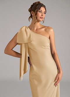 Azazie Capri Bridesmaid Dresses Gold Mermaid One Shoulder Stretch Satin Dress image5
