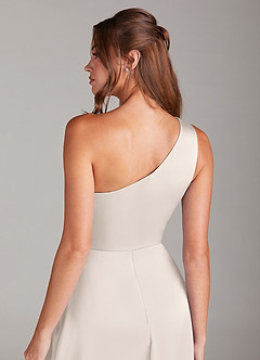 Azazie Brooke Bridesmaid Dresses White Alabaster A-Line One Shoulder Stretch Satin Dress image3
