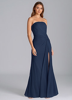 Azazie Mariya Vestidos de damas de honor Vestido de Azul Marino Oscuro de Malla de Corte Sirena con Sin tirantes image4