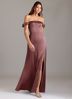 Azazie Zayla Bridesmaid Dresses Vintage Mauve A-Line Off the Shoulder Stretch Satin Convertible Dress image3