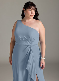 Azazie Liza Vestidos de damas de honor Vestido de Azul Polvoriento de Gasa de Corte Sirena con Hombro unilateral image10