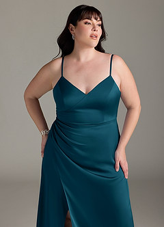 Azazie Marchella Robes de demoiselle d'honneur Robe Trapèze en Satin extensible Corset Bleu Encre image11