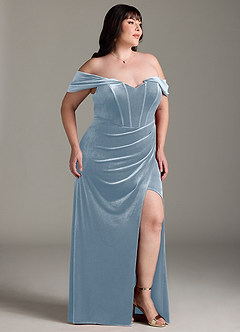 Azazie Jas Bridesmaid Dresses Dusty Blue Sheath Off-The-Shoulder Corset Velvet Convertible Dress image12