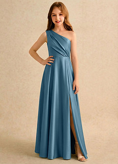 Azazie Puddles Girls Formal Robe Demoiselle D'honneur Fillette Robe Trapèze en Satin extensible Une épaule Bermude image1