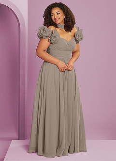 Barbie ♥ Azazie Robes de demoiselle d'honneur Robe Trapèze Convertible en Mousseline de soie Épaule décolletée Taupe image12