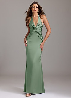Azazie Valerie Vestidos de damas de honor Vestido de Matcha de Satén Elástico de Corte Sirena con Plisado image1