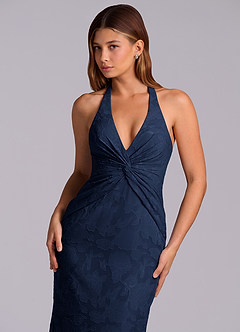 Azazie Valerie Brudtärnklänningar Klä av Sjöjungfru i Blommig Utbrändhet Plisserad Mörk Marinblå image8