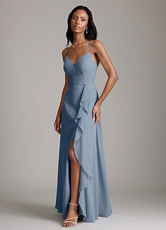 Azazie Naeem Robes de demoiselle d'honneur Robe Trapèze en Mousseline de soie Col V à volants Violet Crépusculaire image5