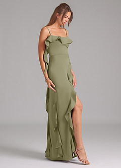 Azazie Malia Bridesmaid Dresses Pistachio A-Line Side Slit Stretch Satin Dress image5