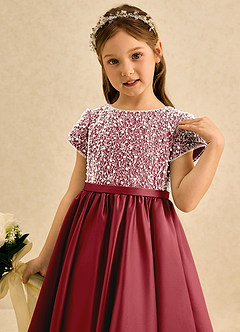 Azazie Cashew Flower Girl Dresses Pomegranate Ball-Gown with Sleeves Matte Satin Dress image6