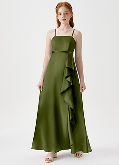 Azazie Kaylee Junior Olive A-Line with Belt Metallic Satin Dress image3
