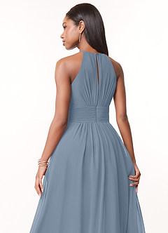 Azazie Bonnie Bridesmaid Dresses Dusty Blue A-Line Keyhole Ruched Chiffon Dress image4