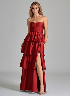 Azazie Faye Bridesmaid Dresses Pomegranate A-Line Ruched Stretch Satin Dress image4