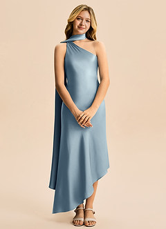 Azazie Briony Junior Vestido Azul Empoeirado de Cetim elástico de Bainha com Plissado image7