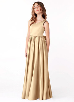 Azazie Hathaway Junior Vestido de Champán de Satén Elástico de Corte En A con Lazo image4
