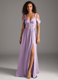 Azazie Lianne Bridesmaid Dresses Frosted Lilac A-Line Off the Shoulder Stretch Satin Dress image14