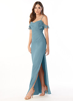 Azazie Emeralda Bridesmaid Dresses Moody Blue Sheath Off the Shoulder Chiffon Dress image1