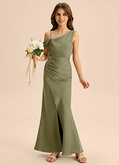 Azazie Madelyn Junior Osłona Zza ramienia Satyna elastyczna Długość podłogi Młodsza druhna Sukienka image1