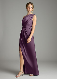 Azazie Emorie Final Sale Plum Sheath One Shoulder Stretch Satin Dress image3