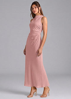 Azazie Evadne 신부 들러리 드레스 쉬스 주름진 쉬폰 발목 길이 드레스 image1