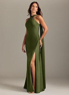 Azazie Kinsley Vestidos de damas de honor Vestido de Oliva de Satén Elástico de Corte Sirena con Corte Lateral image3