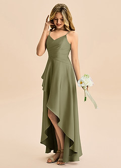 Azazie Eirlys Junior Vestido Pistache de Cetim elástico de Linha A com Plissado image3