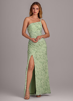Azazie Eren Vestidos de damas de honor Vestido de Floral Helecho Verde de Gasa de Corte Recto con Hombro unilateral image4
