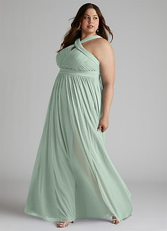 Azazie Hillian At-home Try On Dresses Agave A-Line Halter Pleated Mesh Dress image10
