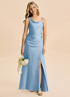 Azazie Abby Junior Powder Blue A-Line Pleated Stretch Satin Dress image1