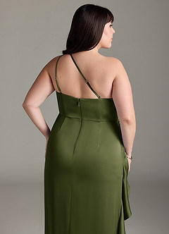 Azazie Latrice Bridesmaid Dresses Olive Sheath One Shoulder Cascading Ruffles Stretch Satin Dress image12