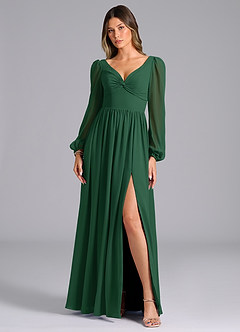 Azazie Zeya Bridesmaid Dresses Dark Green A-Line Long Sleeve Chiffon Dress image4