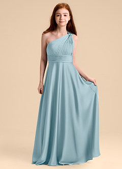 Azazie Charlize Junior Robe Trapèze en Satin extensible Plissée Bleu Maussade image4
