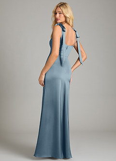 Azazie Frostine Bridesmaid Dresses Dusty Blue A-Line Bow Stretch Satin Dress image2