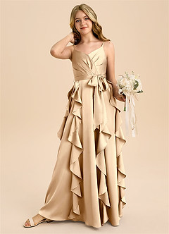 Azazie Peyton Junior Vestido de Champán de Satén Elástico de Corte en A con Plisado image3