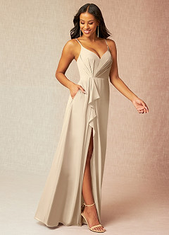 Azazie Kyedae Bridesmaid Dresses Champagne A-Line V-Neck Pleated Chiffon Dress image3