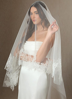 front Embroidered Floral Lace Hem Chapel Length Draped Blusher Veil
