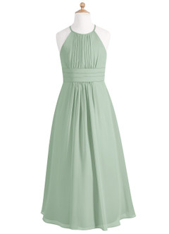 Azazie Bonnie Junior Abito A-Line in Chiffon Plissettato Agave image5