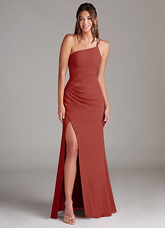 Azazie Eren Bridesmaid Dresses Terracotta Sheath One Shoulder Chiffon Dress image3