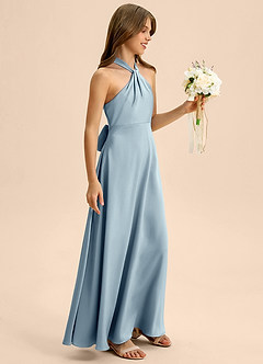 Azazie Beah Junior Dusty Blue A-Line Pleated Stretch Satin Dress image6