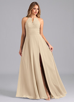 Azazie Denver Bridesmaid Dresses Champagne A-Line Pleated Chiffon Dress image3