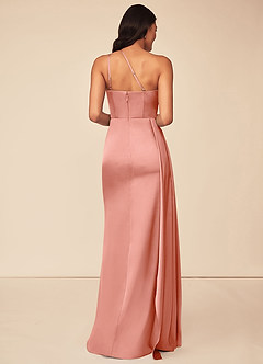 Azazie Maron Bridesmaid Dresses Coral A-Line One Shoulder Stretch Satin Dress image2