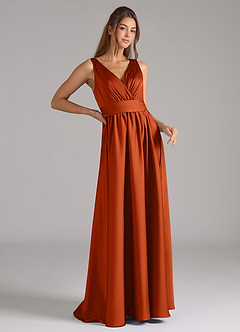 Azazie Kora Bridesmaid Dresses Burnt Orange A-Line Pleated Stretch Satin Dress image3