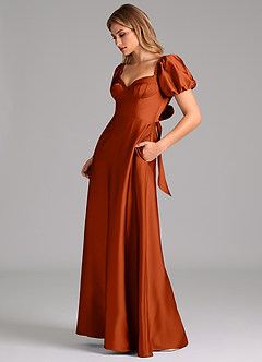 Azazie Fatima Bridesmaid Dresses Paprika A-Line Pleated Stretch Satin Dress image5