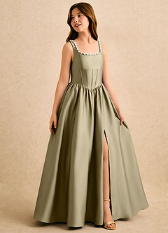 Azazie Enid Girls Formal Blomsterpigekjoler A-Line Perlebesat Stræk satin Gulv-længde Kjole image3