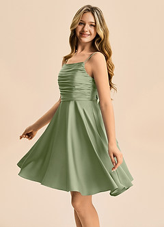Azazie Miko Junior Pistachio A-Line Pleated Stretch Satin Dress image7